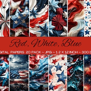 Set van 20 rood, wit, blauw naadloos patroon digitaal papier/patriotische achtergrond/digitale afdrukbaar/scrapbooking/sterren, vuurwerk/commercieel gebruik