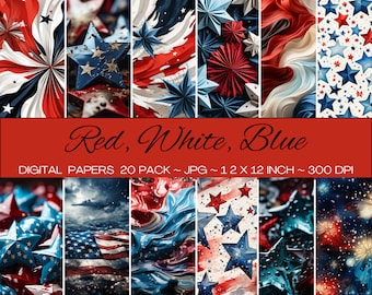 Confezione da 20 carta digitale con motivo senza cuciture rosso, bianco e blu/sfondo patriottico/stampabile digitale/scarapbooking/stelle, fuochi d'artificio/uso commerciale