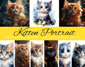Portrait de chaton, fichiers numériques/toile clipart imprimable numérique de haute qualité, couvertures de livres, t-shirt/tamblr skinny, tasse/usage commercial/paquet de 28