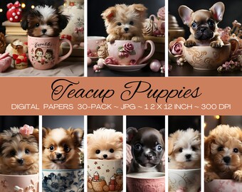 Cuccioli di tazza da tè/Immagine digitale di alta qualità/Carta digitale/Download digitali/Biglietto di auguri T-shirt fai da te/Tazza Tumblr/Uso commerciale/30 confezioni clipart