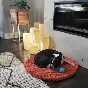 Pu&ograve; includere: Un Boston Terrier bianco e nero sta dormendo su un letto per cani in crochet color arancio bruciato con una palla giocattolo blu. Il letto per cani &egrave; su un pavimento in legno duro davanti a un camino con candele.