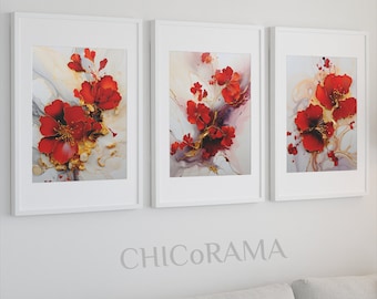 Lot de 3 oeuvres d'art murales abstraites/oeuvres d'art imprimables numériques/rouge, or, impression d'art moderne de luxe/fleurs à l'encre d'alcool/galerie d'art numérique haute résolution