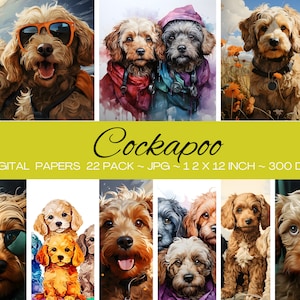 May include: A digital paper pack featuring 22 images of Cockapoo dogs in various poses and settings. The images are in a watercolor style and feature a variety of colors, including brown, white, and black. The images are 12 inches by 12 inches and 300 DPI.