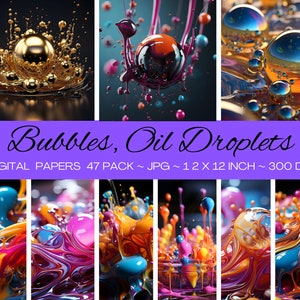 May include: A digital paper pack featuring 47 colorful abstract images of bubbles and oil droplets. The images are 12 inches by 12 inches and 300 DPI.