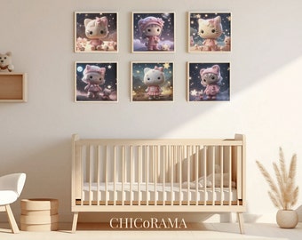 Mignon Kawaii Kitty et ses amis Wall Art/Image imprimable numérique/Téléchargement instantané/Affiche de chat inspirée du dessin animé/Pépinière, Décor de chambre d’enfants/Ensemble de 6
