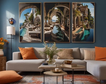 3 pièces d'art mural Capri Villas/impressions modernes/art mural numérique imprimable/image Blue Paradise/chambre à coucher, salle de bains, salle à manger, salon, décoration de bureau