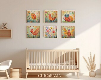 Impressions mignonnes de libellules et de chenilles de pépinière/Art mural imprimable numérique/Image numérique/Œuvre d’art de pépinière botanique/Téléchargement instantané/Ensemble de 6