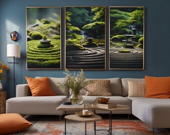 Art mural zen vert/art moderne/art mural numérique/oeuvre d'art imprimable/image numérique de haute qualité/salle à manger, salon/sérénité, décoration zen/lot de 3
