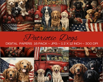 Confezione da 16 clip art di cani patriottici/carta digitale/rosso bianco blu/carta digitale/stampabile in digitale/auto d'epoca/album di ritagli, biglietti/uso commerciale/fai da te