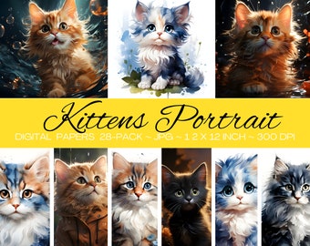 Portrait de chaton, fichiers numériques/toile clipart imprimable numérique de haute qualité, couvertures de livres, t-shirt/tamblr skinny, tasse/usage commercial/paquet de 28