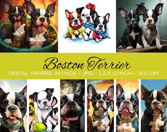 Image clipart numérique du Boston Terrier/numérique imprimable/numérique papier/couvertures de livre, toile, bricolage, faire-part, cartes/arrière-plans/usage commercial/paquet de 24