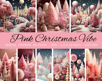 Ambiance de Noël rose/papier numérique de haute qualité/ensemble imprimable numérique/Clipart de Noël, emballage, tumblr, tasse, oreiller/usage commercial/paquet de 26