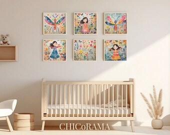 Impressions de pépinière de petite fille et de libellule/Art imprimable numérique/Image numérique/Floral, Pépinière botanique, Chambre d’enfants/Téléchargement instantané/Ensemble de 6