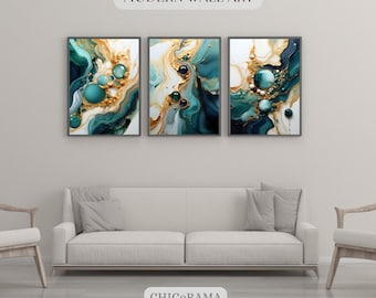 Set di 3 opere d'arte astratta da parete/arte digitale stampabile/arte moderna di lusso verde acqua, oro, perla/arte con inchiostro alcolico/galleria d'arte digitale ad alta risoluzione