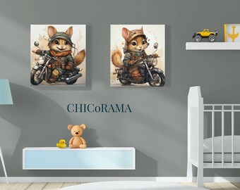 Renard sur une moto, art mural pour chambre d'enfant, décoration murale pour chambre d'enfant, impression numérique, décoration murale pour moto vintage, chambre cool pour garçon, salle de jeux, lot de 2