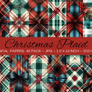 Puede incluir: Un conjunto de 42 papeles digitales con patrones de tartán navideños en rojo, verde y blanco. Los patrones incluyen varios diseños de tartán con lazos y acebo.