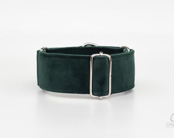 Martingale dog collar for sighthounds, made from soft velvet fabric with a solid color design – GREEN OASIS.