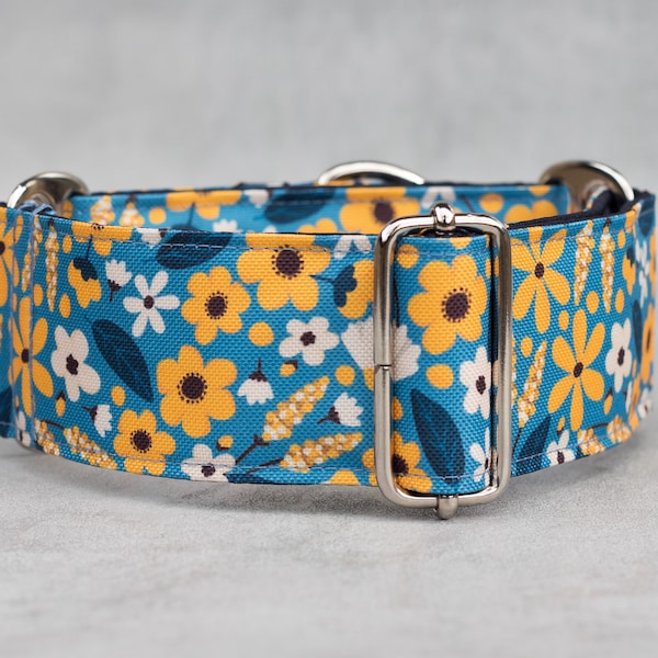 Martingale dog collar, Floral yellow and blue water repellent sighthound collar, 1", 1.5", 2" wide Greyhound, Whippet, Galgo, Galgina ZAHARA