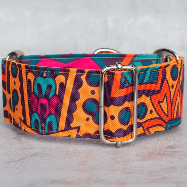 Martingale dog collar, Colorful vibrant water repellent sighthound collar, 1", 1.5", 2" wide greyhound, galgo fabric collar, Galgina PIÑATA