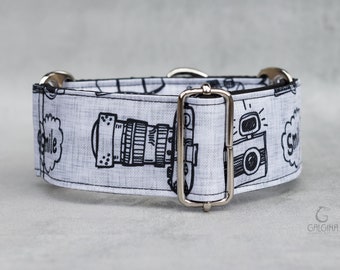 Martingale dog collar, Water repellent sighthound collar with retro camera design, 1", 1.5", 2" wide Greyhound collar, Galgina PAPARAZZI