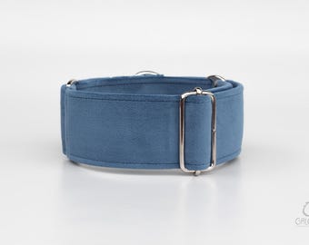 Martingale dog collar made with very soft medium blue velvet fabric. 1.5" or 2" wide sighthound collar in multiple sizes. Galgina GLACIER