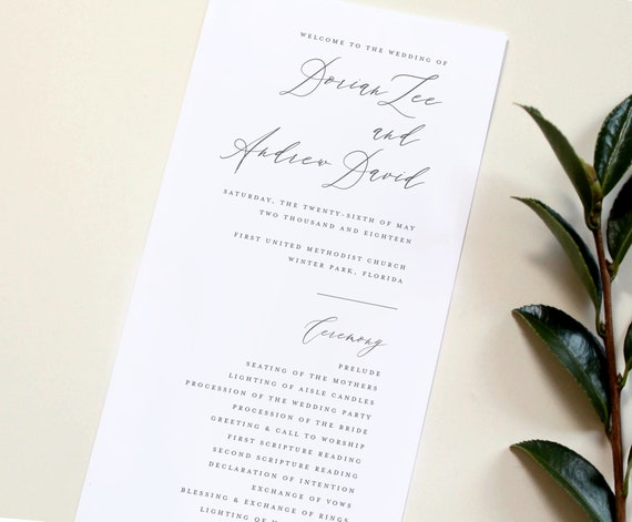 Calligraphy Wedding Program Wedding Program Simple Wedding Etsy