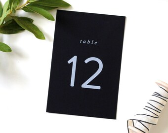 Black Paper Table Numbers, black table numbers, black paper white ink, modern wedding table number, modern table numbers, black and white