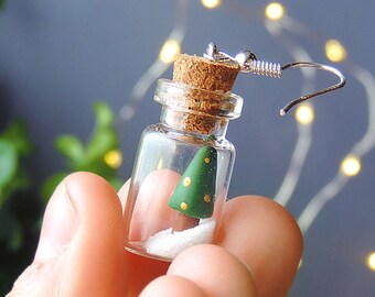 Earrings mini golden Christmas tree in vial bottle glass (fimo) small tree in the snow winter jewel Christmas gift idea woman
