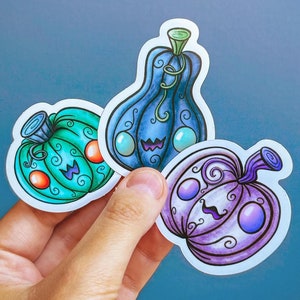 Lot de 3 STICKERS : Citrouilles spooky / plastifié mat / Halloween petite créature mignonne magique automne creepy cute coloré autocollant