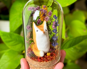 Renard doré / décor sous cloche en verre / féérique miniature animal mignon automne magie enchanté fleur séchée décorations 1