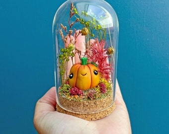 CITROUILLE / décor éternel / diorama miniature sous cloche en verre automne figurine spooky cute fleurs stabilisées séchées unique 21