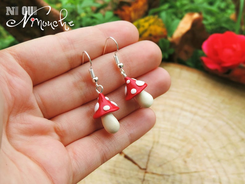 Earrings red and white mushrooms kids fun mushroom babacool fall love child fimo