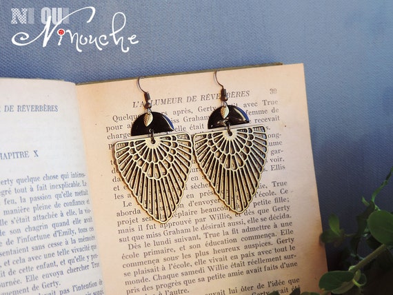 Earrings Art Deco Black Bronze Gold Brass Long Geometric Retro Etsy
