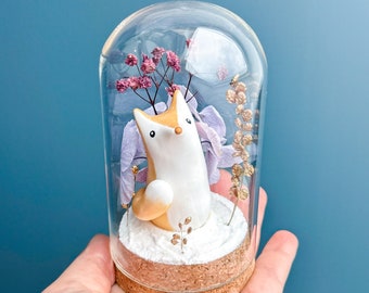 Renard doré / décor sous cloche en verre / féérique miniature animal mignon hiver boule à neige enchanté fleur séchée décorations 3