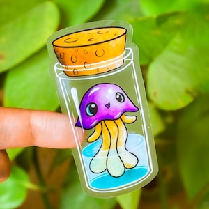 STICKER TRANSLUCIDE WATERPROOF fiole méduse / plastifié / petite créature mignonne magique aquatique déco à coller poulpe tentacule pieuvre