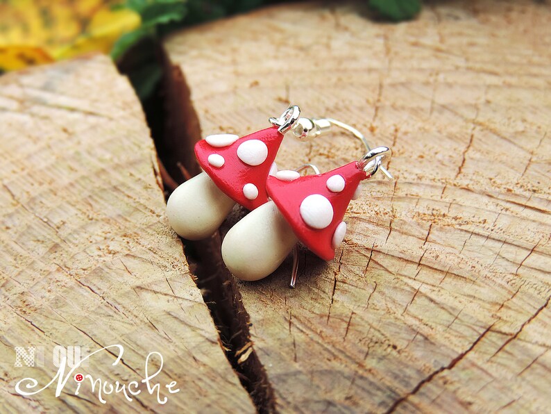 Earrings red and white mushrooms kids fun mushroom babacool fall love child fimo
