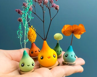 Figurine P'tite Pousse AU CHOIX (fimo) fleurs stabilisées mini créature magique esprit forêt nature porte-bonheur sculpture handmade déco 5