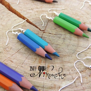 Boucles d'oreilles crayons de couleur une paire coloris au choix asymétrique ou symétrique idée cadeau pour la maitresse / ATSEM original image 3
