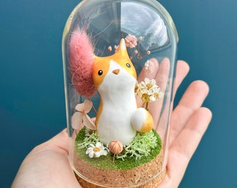 Chaton doré / décor sous cloche en verre / féérique miniature animal mignon chat dans l'herbe fleuri enchanté fleur séchée décoration 5