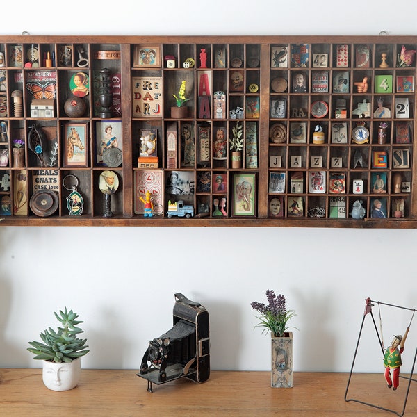 Great Old Antique Wooden Letterpress Printers Tray and Display Case Full of Original Vintage Curios Included