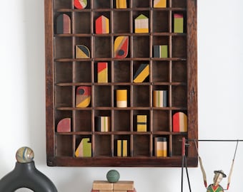 Decorative Artwork of Vintage Treen Wooden Blocks & Shapes in Antique Printers Tray Cabinet