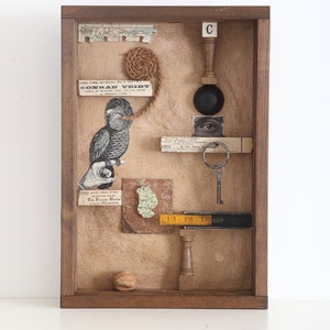 May include: A wooden shadow box with a brown background. The box contains various objects, including a small bird, a rope, a key, a ruler, a map, and a small ball. The box is labeled with the letter "C".