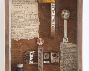 Original One Off Assemblage Art Mixed Media in Reclaimed Timber Display