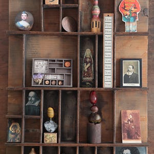 Lovely Up Cycled Vintage Printers Tray Cabinet used as a Display Case for Collectables & Wall Art