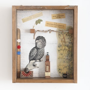 May include: A framed artwork featuring a black and white illustration of a bird perched on a hand. The artwork includes a small bottle with a label that reads "The Seed of Gard" and a small black jar. The artwork is surrounded by a wooden frame and a white background.