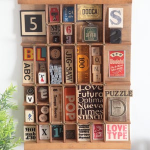 May include: A wooden display case filled with vintage letterpress blocks, including numbers, letters, and various graphic elements. The blocks are in a variety of colors and fonts, creating a visually interesting arrangement.