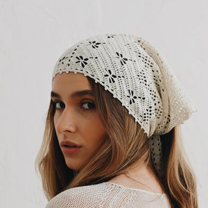 Handcrafted Cotton Lace Headwrap: Beige Kerchief Scarf