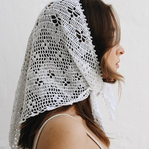 Hand-Crocheted Cotton Lace Headwrap: Milky White Triangle Scarf