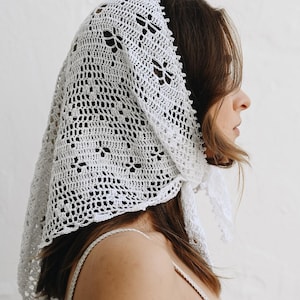 Crochet Cotton Kerchief, White Milky Lace Hair Scarf, Handmade Head Scarf, Cottagecore Bandana for Women
