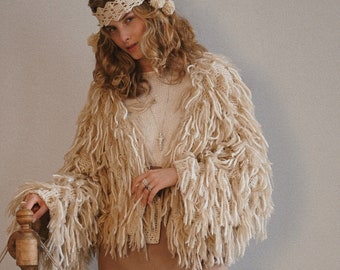 Beige Knitted Alpaca Cardigan: Women's Merino Wool Cropped Jacket